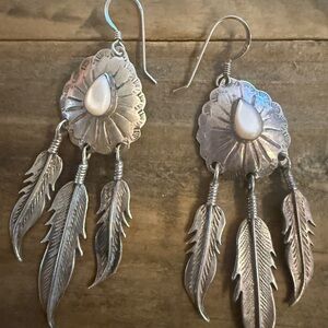 Vintage Native Navajo Sterling Silver Mother of Pearl Feather Dangle Earrings